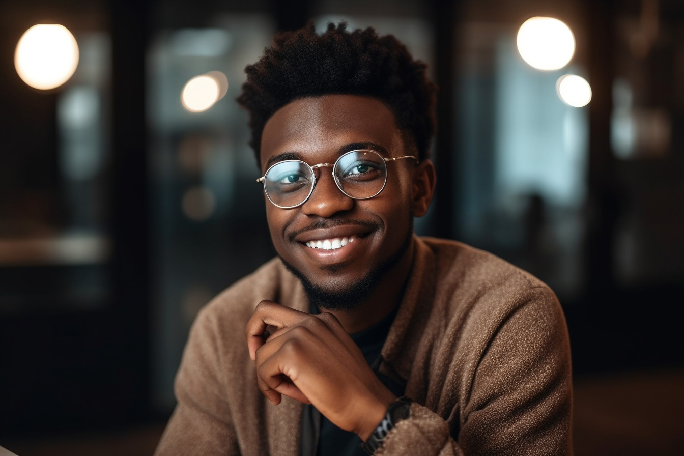 Confident young Black man with glasses smiling in a well-lit, modern office space.
