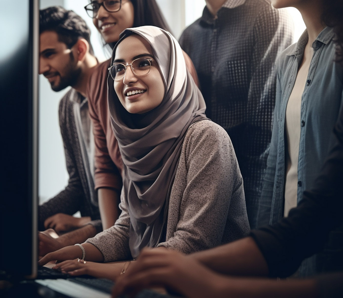 Diverse group of young professionals collaborating around a computer in a modern office setting.